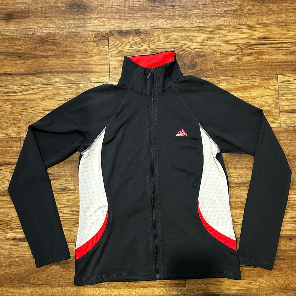 adidas charcoal jacket with white panels and pink trim